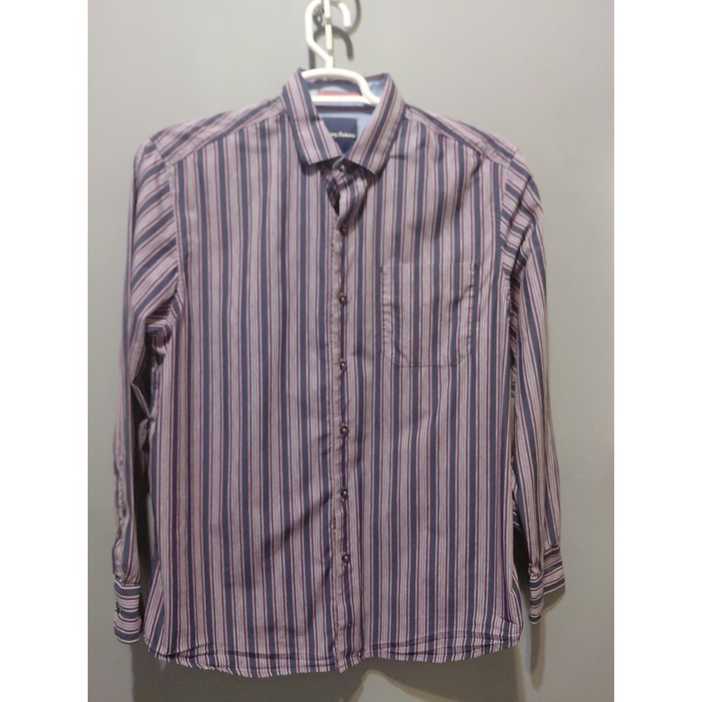 Tommy Bahama Shirt Mens Medium Blue Striped Button Up Cotton Casual Beach EUC